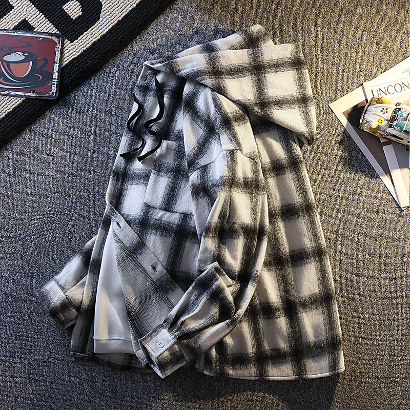 Herren Karierte Flanelljacke mit Kapuze und Knopfverschluss EB