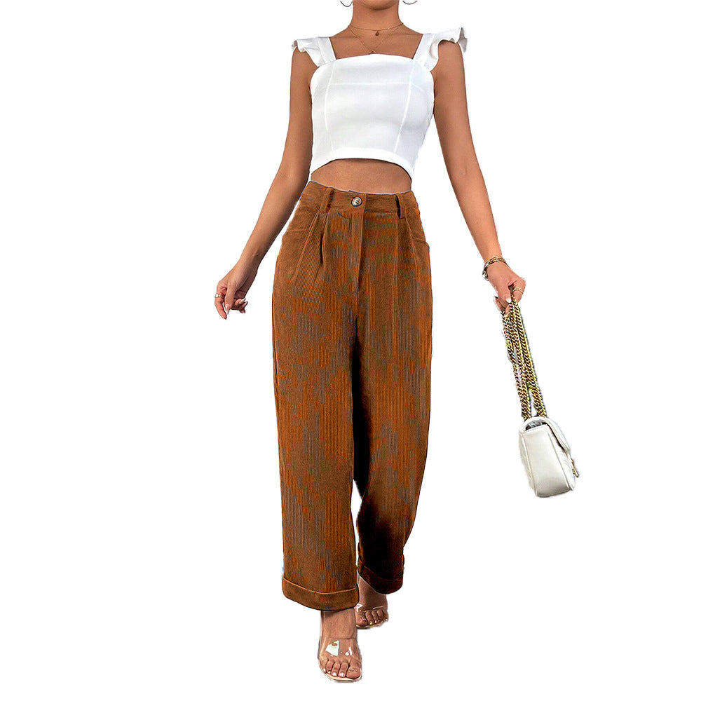 Damen hochgeschnittene Cordhose mit weitem Bein, Bundfalten und umgeschlagenem Saum Eichborn Berlin