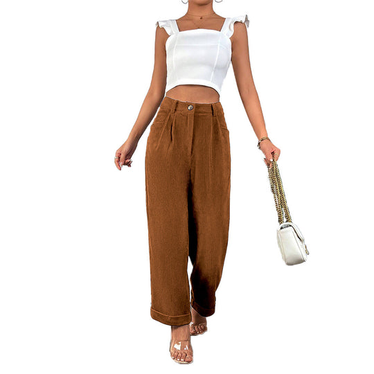 Damen hochgeschnittene Cordhose mit weitem Bein, Bundfalten und umgeschlagenem Saum Eichborn Berlin