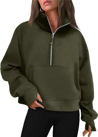 Damen nan weit geschnittenes Kurzpullover mit Stehkragen, halbem Reißverschluss und Kängurutasche EB