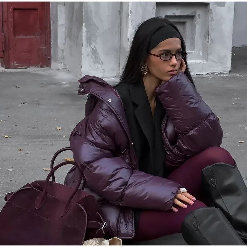 Damen modische oversized Daunenjacke mit Taillengürtel und seitlichen Taschen EB