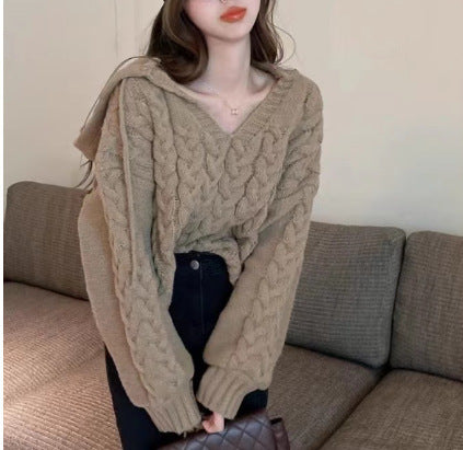 Damen Zopfmuster Pullover mit Kapuze und V-Ausschnitt EB