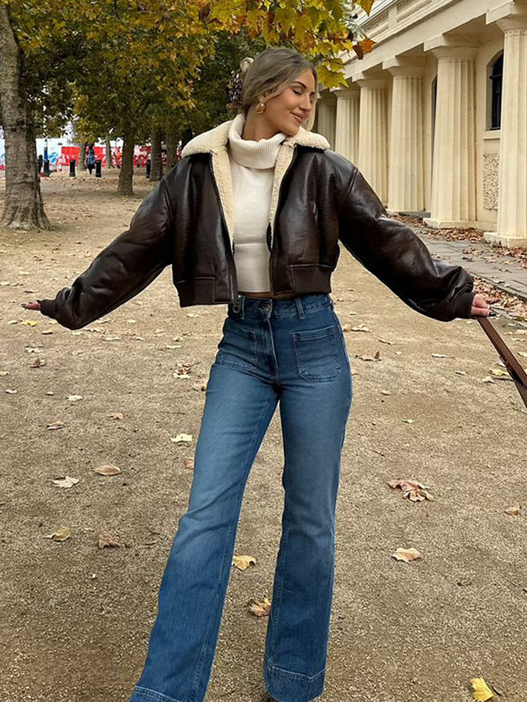 Damen cropped Kunstlederjacke mit Innenfutter aus Plüsch EB