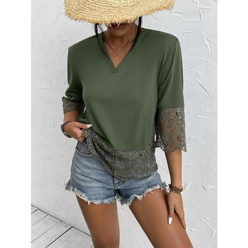 Damen T-Shirt mit Spitzenbesatz und V-Ausschnitt EB
