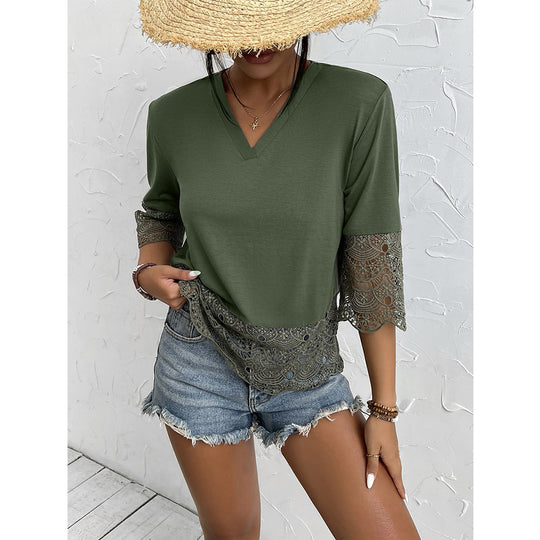 Damen T-Shirt mit Spitzenbesatz und V-Ausschnitt EB
