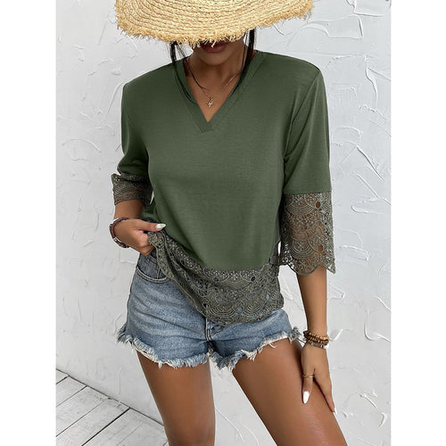 Damen T-Shirt mit Spitzenbesatz und V-Ausschnitt EB