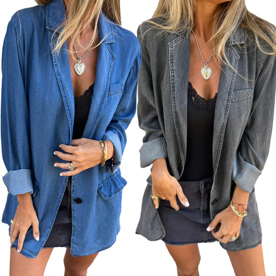 Damen lässige Denim-Blazerjacke mit eleganten Details und lockerer Passform EB