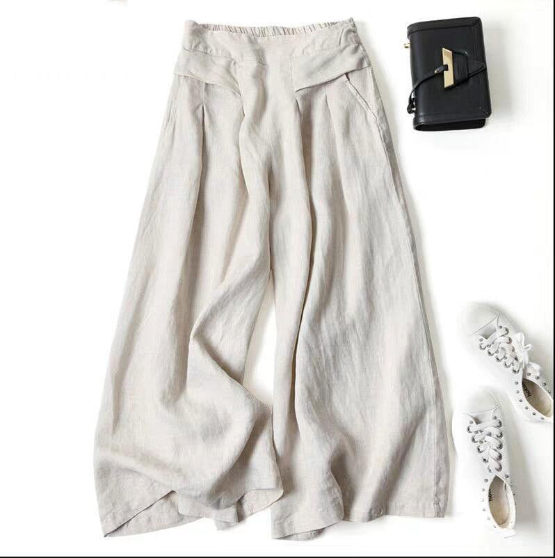 Damen Weit geschnittene Leinenhose mit hohem Bund und eleganten Falten EB