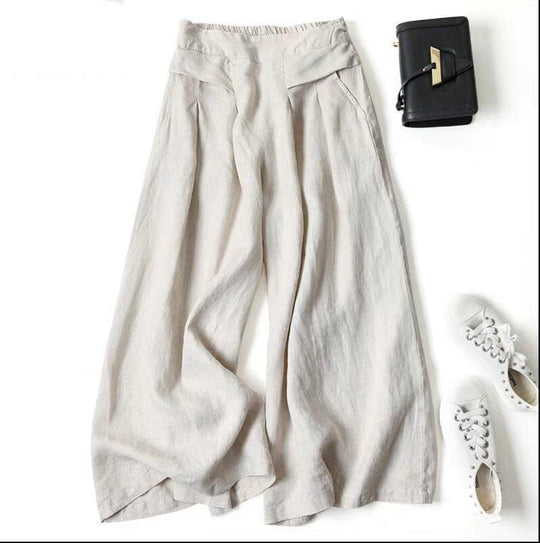 Damen Weit geschnittene Leinenhose mit hohem Bund und eleganten Falten EB