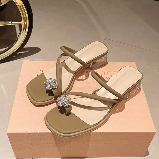 Damen Elegante Sandalen mit funkelndem Kristall und transparentem Blockabsatz EB