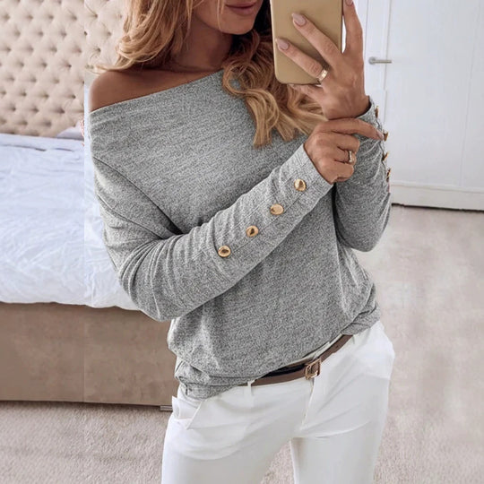 Damen Offshoulder Feinstrickpullover mit Zierknopfleiste an den Ärmeln EB