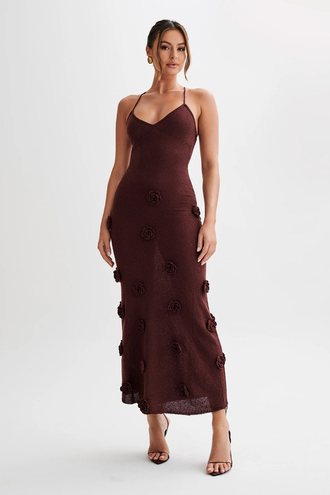 Damen elegantes glitzerndes Maxikleid mit floralen Applikationen EB