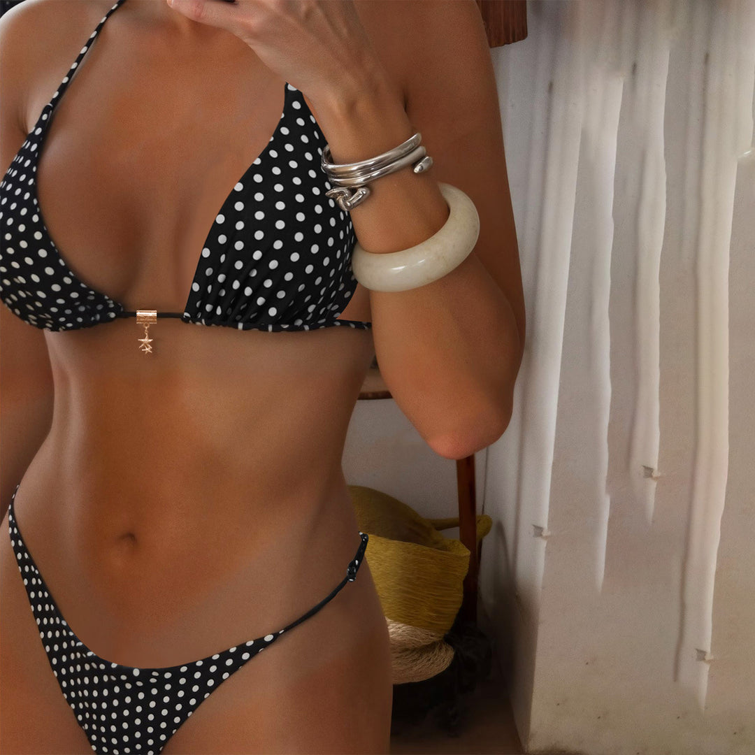 Damen Triangel-Bikini mit modischem Punktedesign und goldener Verschlussdetails EB