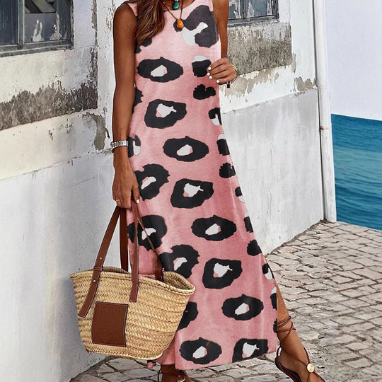 Damen Maxikleid mit modernem Leopardenmuster und ärmellosem Design EB