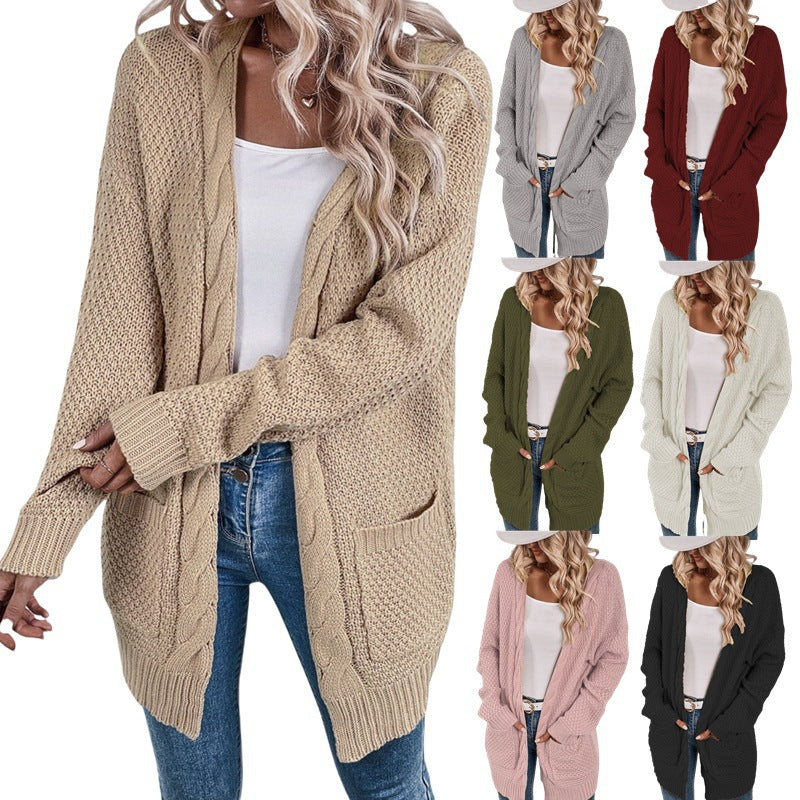 Damen lässige Strickjacke mit tiefen Taschen und knittrigem Design EB