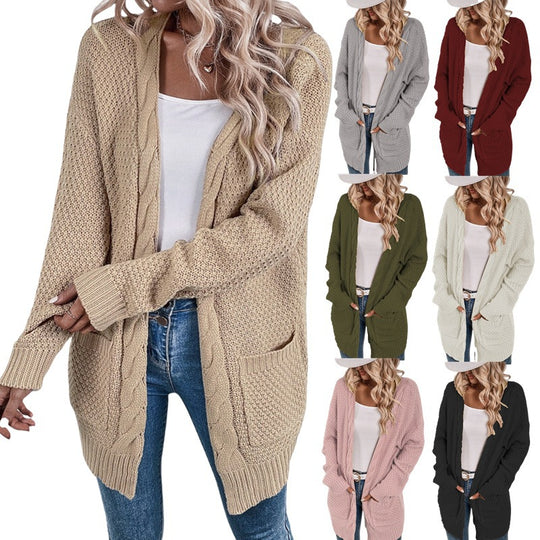 Damen lässige Strickjacke mit tiefen Taschen und knittrigem Design EB