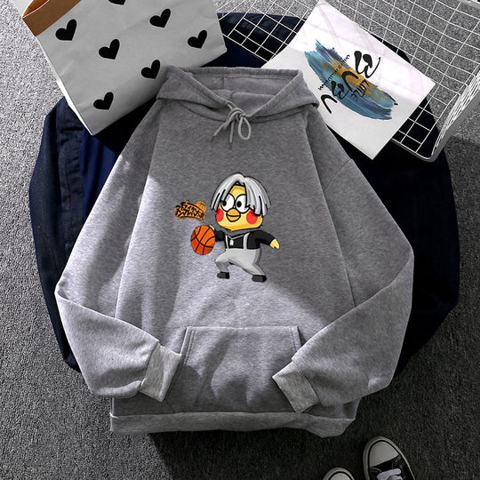 Unisex nan Kapuzenpullover mit Comic-Küken Basketballprint, Kängurutasche und weichem Fleece EB