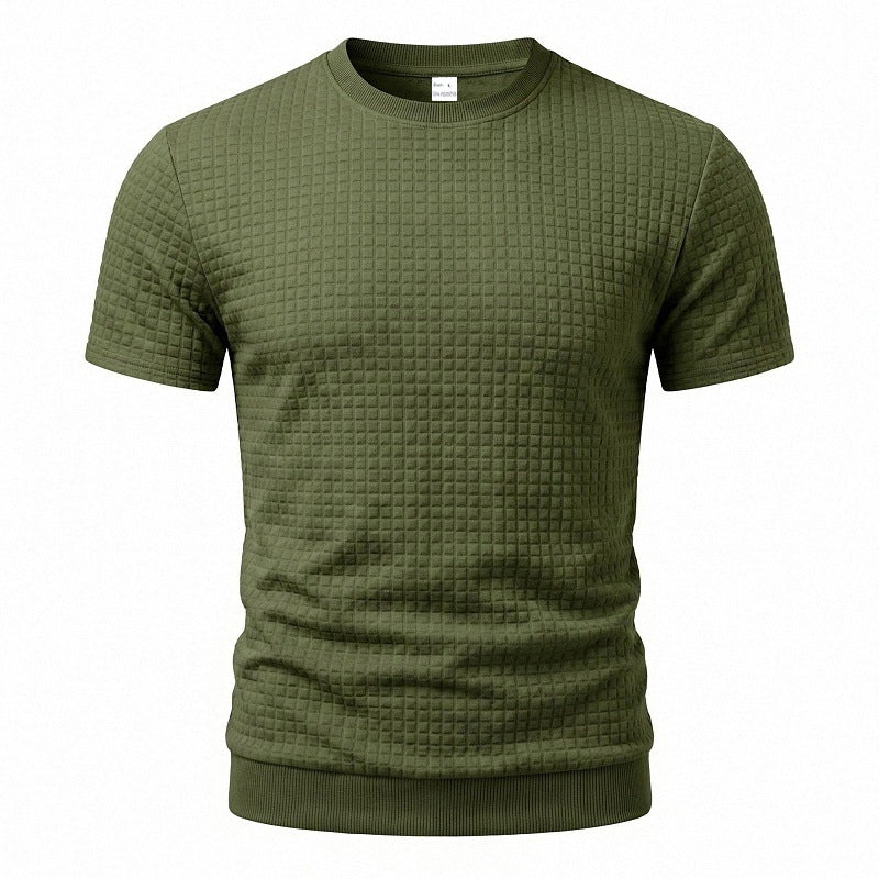 Herren nan kurzärmeliges Strickshirt mit geprägter Karostruktur, Rundhalsausschnitt und geripptem Saum EB