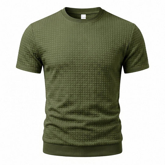 Herren nan kurzärmeliges Strickshirt mit geprägter Karostruktur, Rundhalsausschnitt und geripptem Saum EB