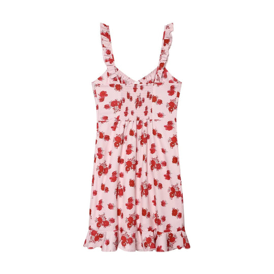 Damen Spaghettiträgerkleid mit zartem floralem Muster und voluminösem Volant EB