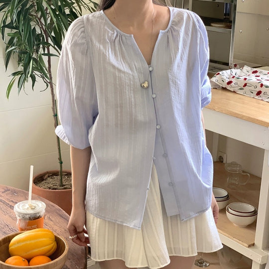 Damen Relaxed Fit Puffärmel Button-Up Bluse EB