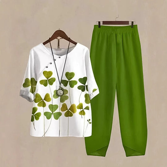 Damen nan zweiteiliges Freizeitset mit Kleeblatt-Print-Tunika und elastischer Komfortbund-Hose EB