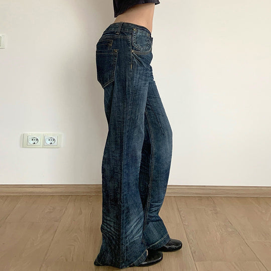 Damen Weite Jeans im Vintage-Stil mit hohem Bund und modischen Steppnähten EB