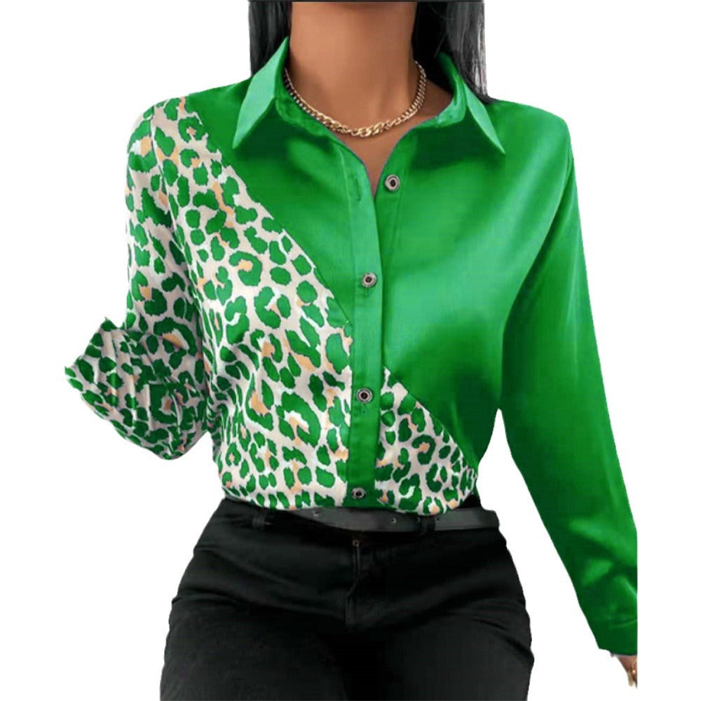 Damen Satinbluse mit asymmetrischem Leo-Design und glamouröser Knopfleiste EB