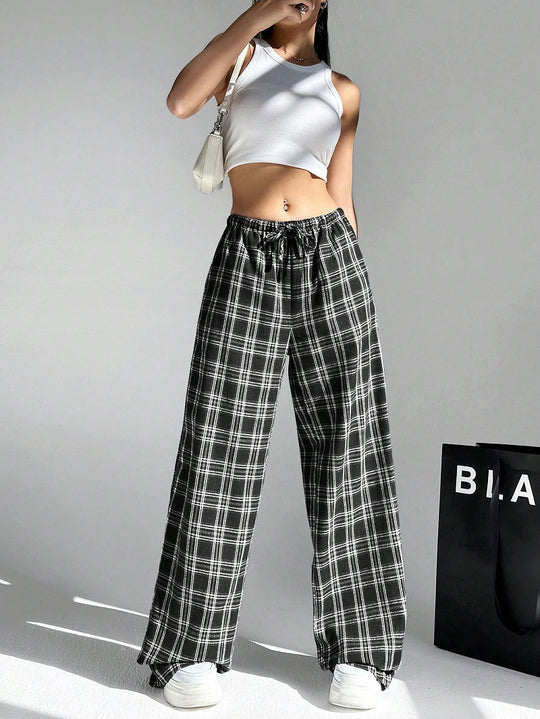 Damen Weit geschnittene Karohose mit elastischem Bund und praktischen Taschen EB