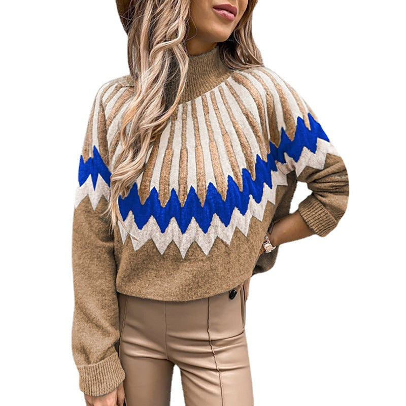 Damen Modischer Grobstrickpullover mit grafikintensivem Design und hohen Kragen EB