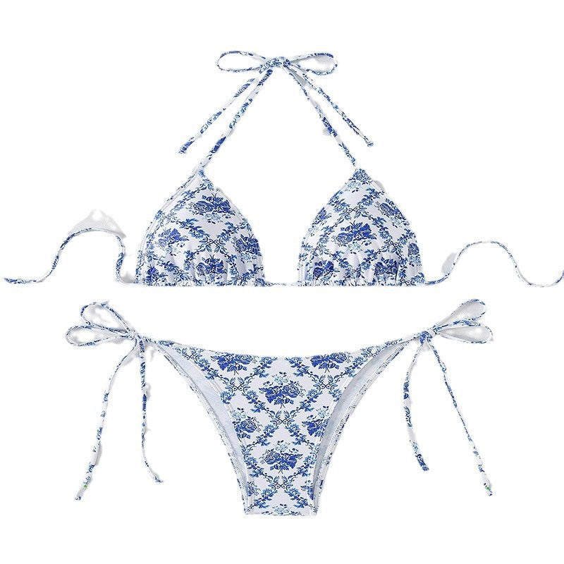 Damen Triangel-Bikini mit verspieltem Blumendesign und verstellbaren Bindebändern EB