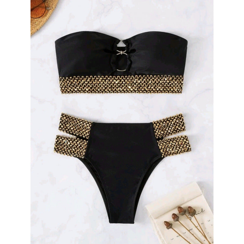 Damen Bandeau-Bikini mit goldenen Akzenten und hohem Taillenschnitt EB