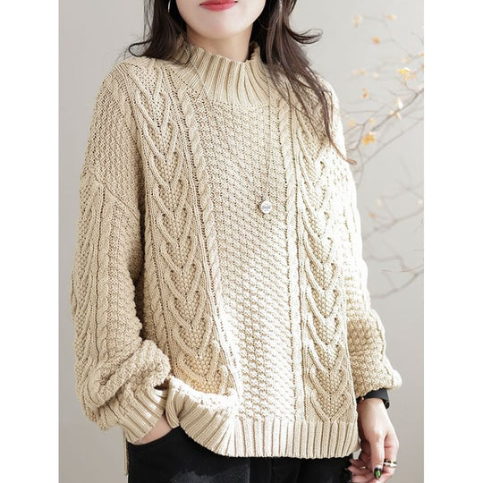 Damen Grobstrickpullover mit hohem Kragen und Zopfmuster EB