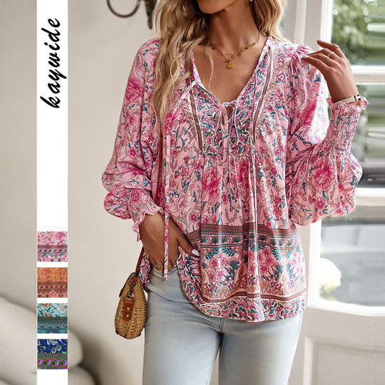 Damen nan lockere Boho-Tunika mit V-Ausschnitt Bindeband gerafften Ärmeln und floralem Muster EB