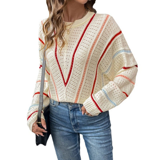 Damen Strickpullover mit großzügiger Lochmusterstruktur und farbigen Akzenten EB