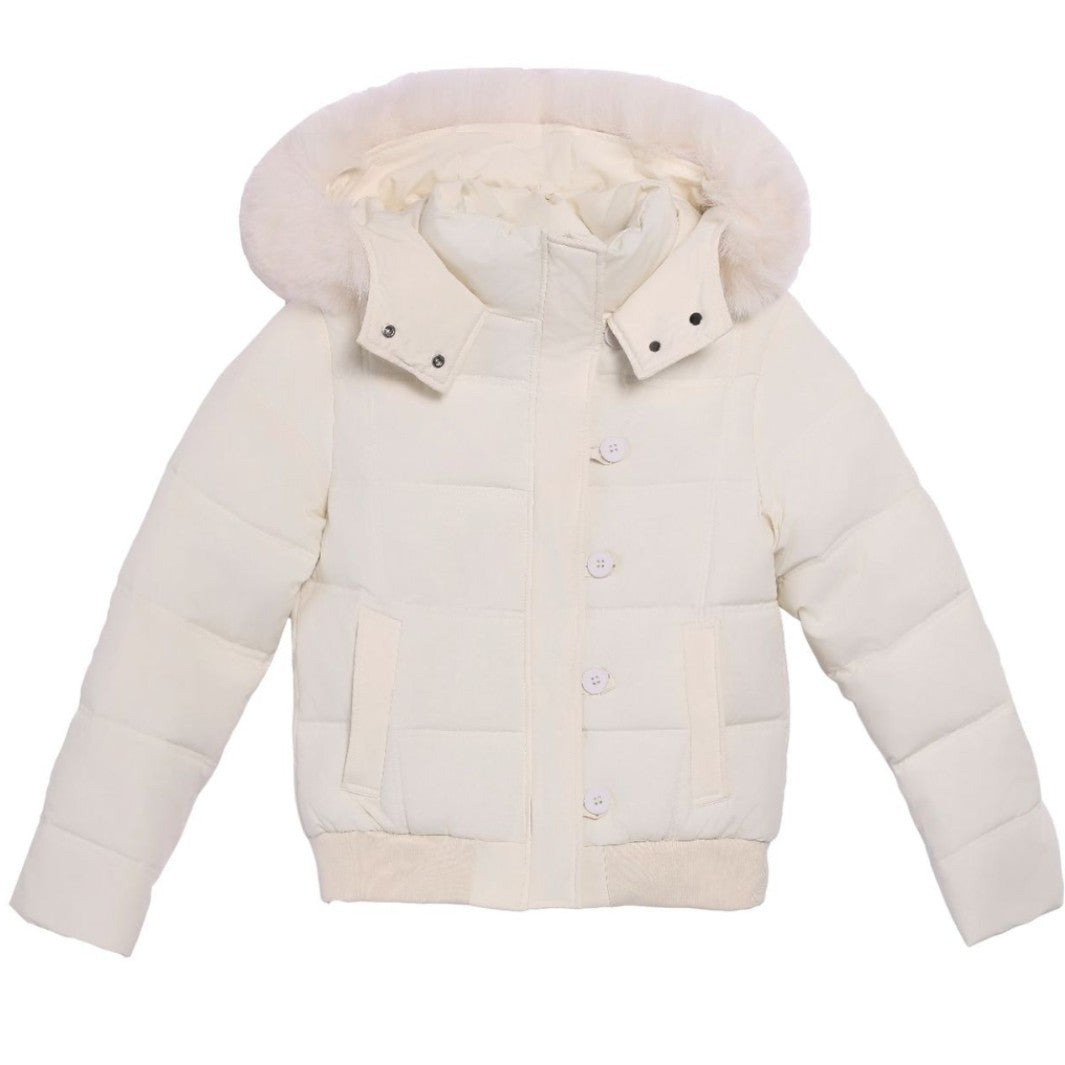 Damen Stylische Jacke mit abnehmbarem Kunstfellkragen und Knopfdetails EB