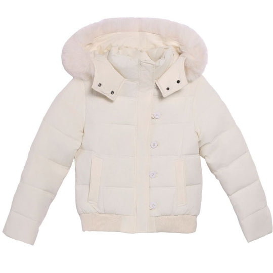 Damen Stylische Jacke mit abnehmbarem Kunstfellkragen und Knopfdetails EB