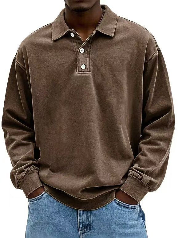 Herren nan lässiges Poloshirt-Sweatshirt mit Kragen, Vintage-Waschung und dreiteiliger Knopfleiste EB