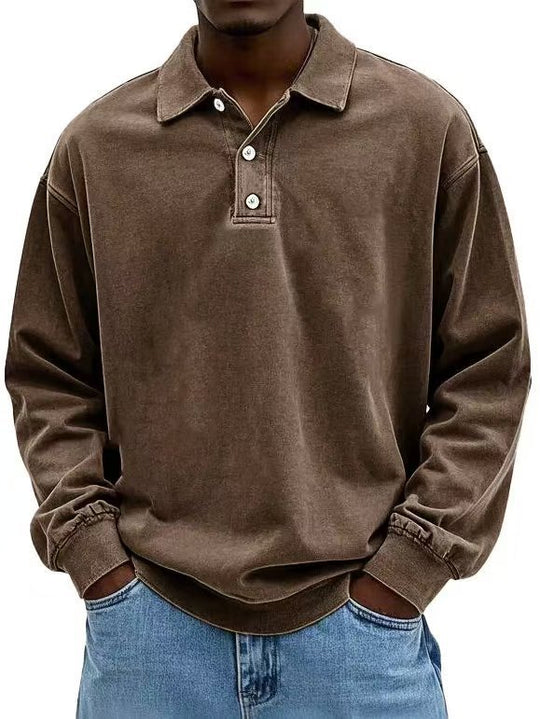 Herren nan lässiges Poloshirt-Sweatshirt mit Kragen, Vintage-Waschung und dreiteiliger Knopfleiste EB