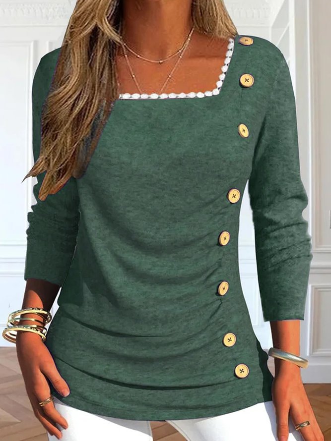 Damen Langarmshirt mit quadratischem Ausschnitt und dekorativen Knopfdetails EB