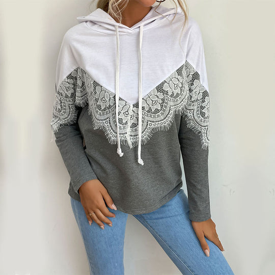 Damen Kapuzenpullover mit elegantem Spitzendesign und kontrastierenden Farben EB