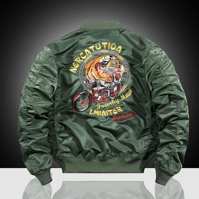 Herren Bestickte Nylon-Bomberjacke im Pilotenstil mit Tiger-Motorrad-Design EB