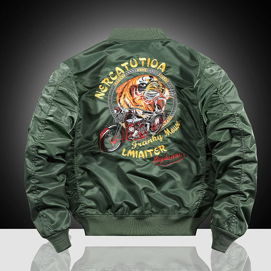 Herren Bestickte Nylon-Bomberjacke im Pilotenstil mit Tiger-Motorrad-Design EB