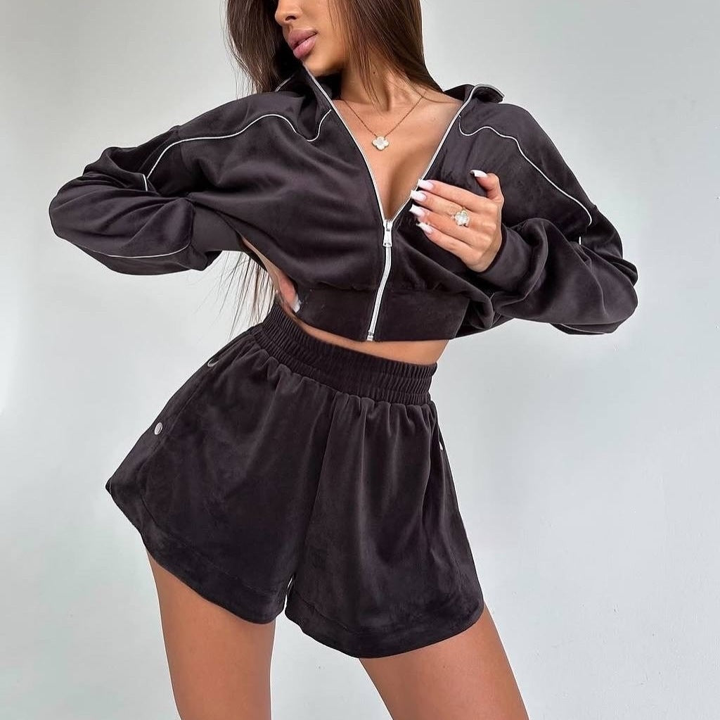 Damen nan kurzes Velours-Lounge-Set mit Cropped Zip-Hoodie und elastischer Highwaist-Shorts EB