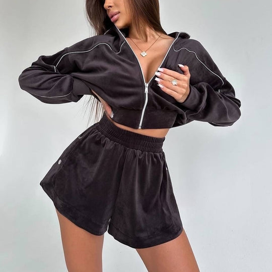 Damen nan kurzes Velours-Lounge-Set mit Cropped Zip-Hoodie und elastischer Highwaist-Shorts EB
