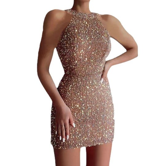 Damen Glitzerndes Minikleid mit halber Halsausschnitt und figurbetontem Schnitt EB
