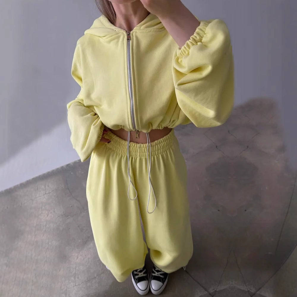 Damen Loungewear-Set EB mit tailliertem Kordelzug-Cropped-Hoodie und weiter High‑Waist Palazzo-Jogginghose