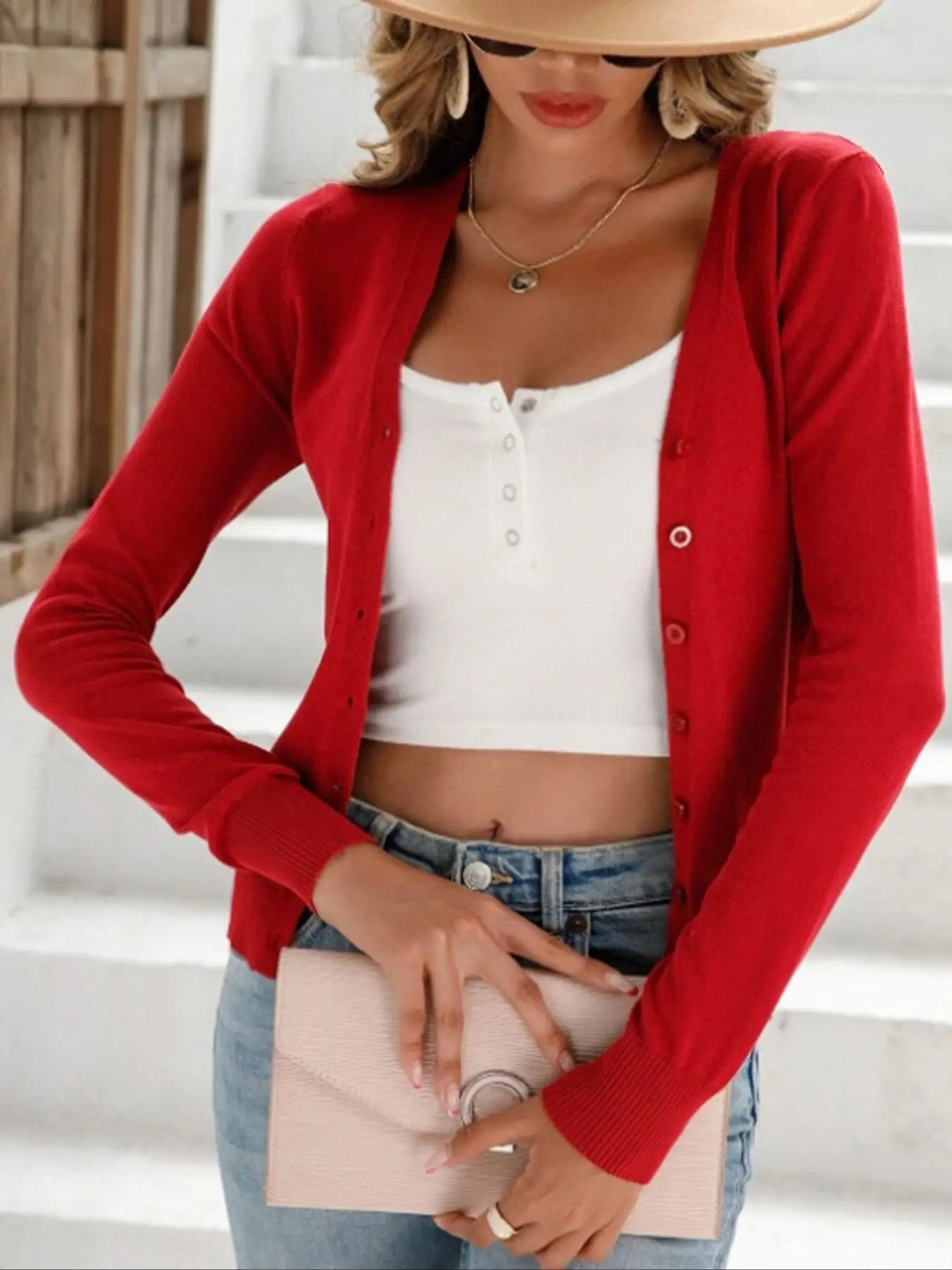 Damen lässiger Langarm-Cardigan mit Knopfverschluss EB