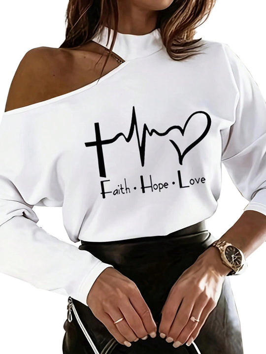 Damen Lässiges Off-Shoulder Sweatshirt mit inspirierendem Aufdruck EB