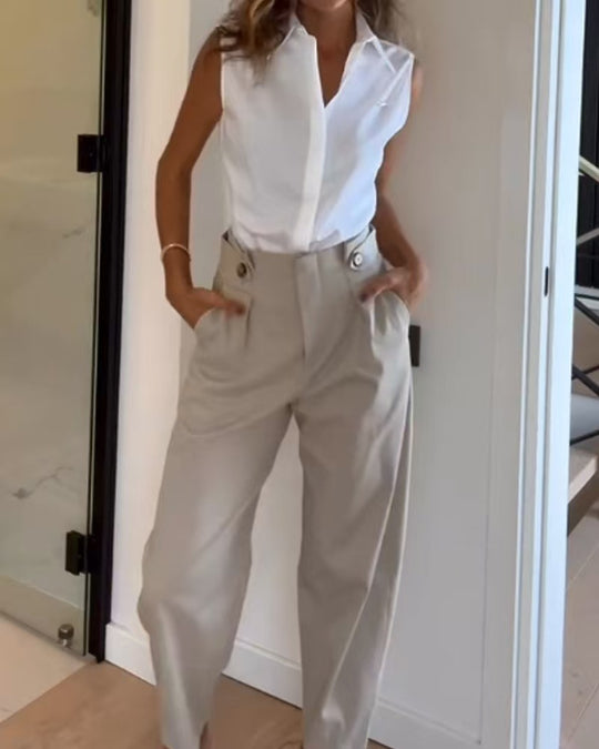 Damen Elegante Hochtaillierte Stoffhose mit Taschen EB